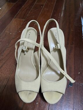 Elie Tahari Beige Canvas Slingback Peep-Toe Heels